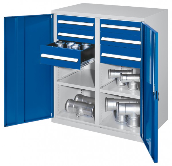 Schwerlast-Beistellschrank Modell 71 1110 x 1000 x 600 mm RAL 7035/5010. Mit Mitteltrennwand Vollblechtüren 1 Fachboden links 1 Fachboden rechts 2 Schubladen H 100 mm 2 Schubladen H 125 mm 2 Schubladen H 175 mm.