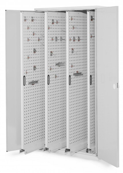 ®RasterPlan Vertikalschrank Modell 83 1950 x 1000 x 600 mm RAL 7035. Doppelwandtür 4 Auszüge Lochplatten.