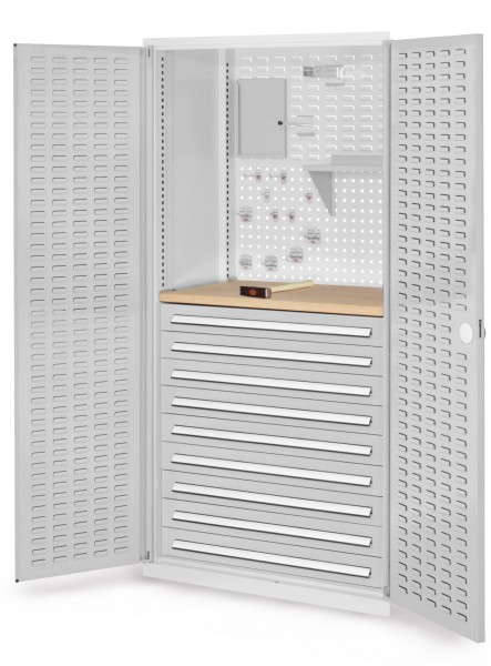 ®RasterPlan Schubladenschrank Modell 27 RAL 7035. Türinnenseite: Schlitzplatten 1950 x 1000 x 600 mm 9 Schubladen H 100 mm 1 Werkbankplatte Multiplex.