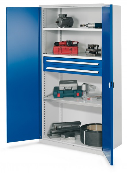 Schwerlastschrank ohne Mitteltrennwand 1950 x 1000 x 600 mm Mod 45 RAL 7035/5010. Doppelwandtür 3 Fachböden verzinkt 2 Schubladen 100 mm.