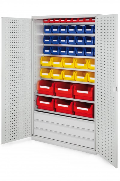 Großraumschrank Modell 22 RAL 7035 1950 x 1130 x 590 mm. Türinnenseite: ®RasterPlan Lochplatten 3 Schubladen unten inklusiv Lagersichtkasten 6 x Größe 2 10 x Größe 4 21 x Größe 6 10 x Größe 7.