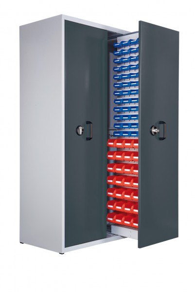 ®RasterPlan Zugwagenschrank Mod 6 2000 x 1100 x 600 mm 7035/7016. 2 Auszüge 1 Auszug einseitig bestückt mit Lagersichtkasten 28 x Größe 7 48 x Größe 8