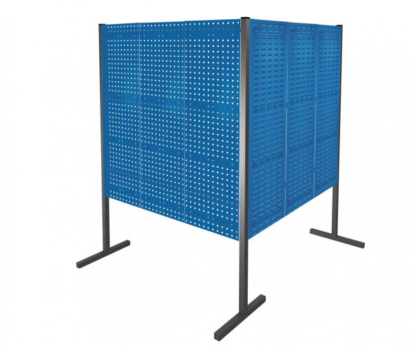 ®RasterPlan Trennwand Doppelfeld 90° 1500 / 1500 mm H1500 mm RAL 5010. Mit 4 ®RasterPlan Lochplatten 2 ®RasterPlan Schlitzplatten.