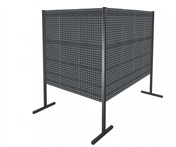 ®RasterPlan Trennwand Doppelfeld 90° L1500 / 2000 mm H1500 mm RAL 7016. Mit 7 ®RasterPlan Lochplatten.