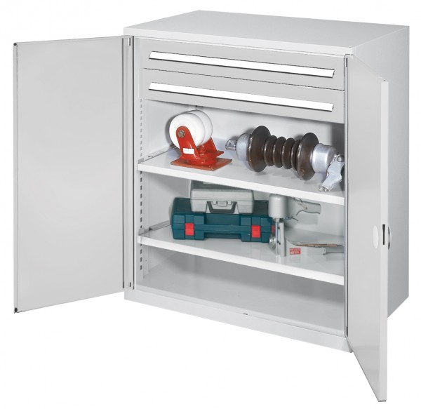 Schwerlast-Beistellschrank Modell 63 1110 x 1000 x 600 mm RAL 7035. Doppelwandtüren 2 Schubladen H 100 mm 2 Fachböden B 1000 mm.