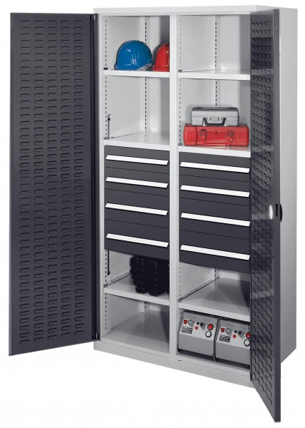 Schwerlastschrank mit Mitteltrennwand 1950 x 1000 x 600 mm Mod 54 RAL 7035/7016. Türinnenseite: ®RasterPlan Schlitzplatten 4 Schubladen H 100 mm 4 Schubladen H 175 mm 3 Fachboden links verzinkt 3 Fachboden rechts verzinkt.