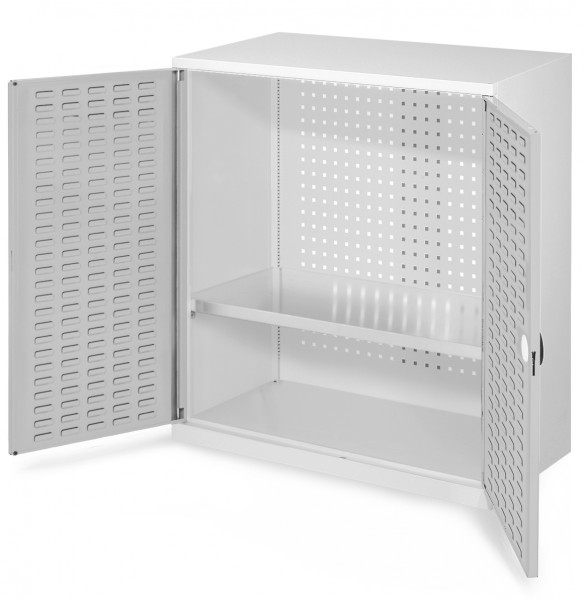 RasterPlan Werkzeugschrank Mod. 2 500, H1000 x B1000 x T500 mm, RAL 7035. Türinnenseite: RasterPlan Schlitzplatte, 1 Fachboden.