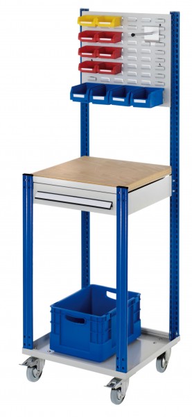 Mobile Arbeitsstation RAL 7035/5010 1730 x 500 x 500 mm 1 Schublade Schlitzplatte.