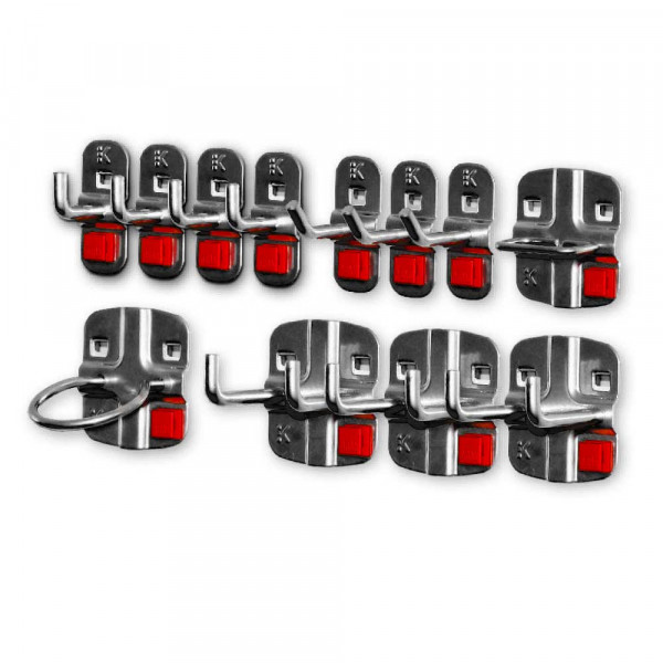 ®ABAX Werkzeughalter-Sortiment 12-teilig anthrazitgrau. 4 Werkzeughalter mit senkr. Ende 3 Doppelter Werkzeughalter 1 Zangenhalter 1 Maschinenhalter 3 Werkzeughalter mit schrägem Ende.