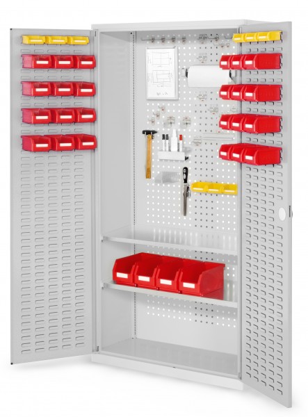 ®RasterPlan Werkzeugschrank Mod 5 410 H1950 x B1000 x T410 mm RAL 7035. Türinnenseite: ®RasterPlan Schlitzplatten- 2 Fachböden.