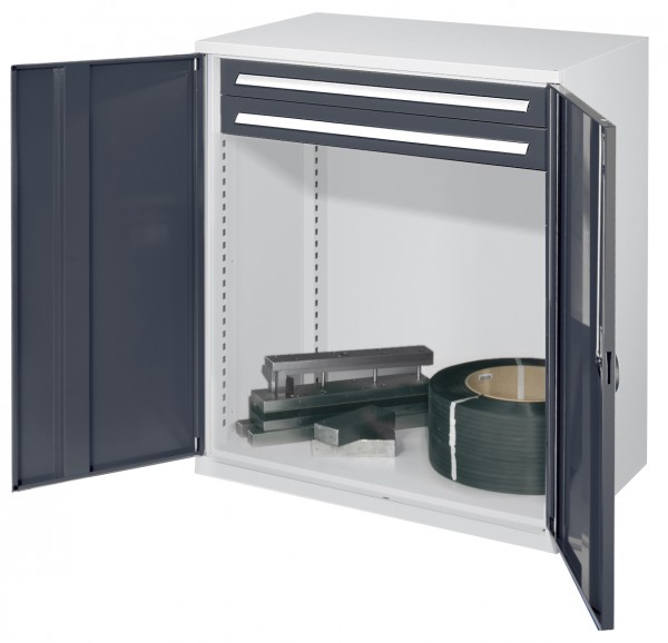 Schwerlast-Beistellschrank Modell 64 1110 x 1000 x 600 mm RAL 7035/7016. Vollblechtüren 2 Schubladen H 100 mm.