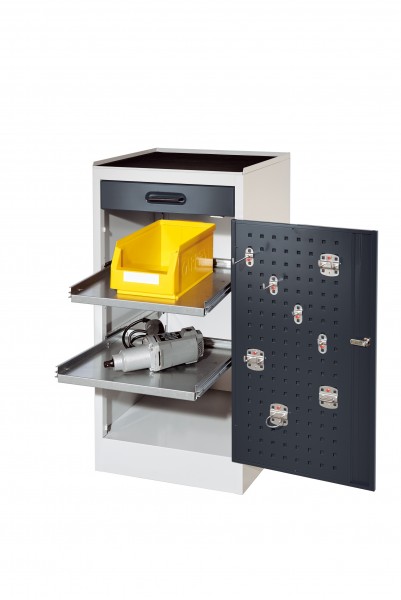 RasterPlan Arbeitsplatzschrank Modell 1S, H 1000 x B 500 x T 500 mm RAL 7035/7016, 1 Schublade, 2 ausziehbare Böden.