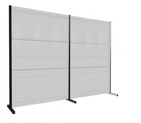 ®RasterPlan Trennwand Doppelfeld 180° L1500 / 1500 mm H2000 mm RAL 7035. Mit 6 ®RasterPlan Lochplatten.