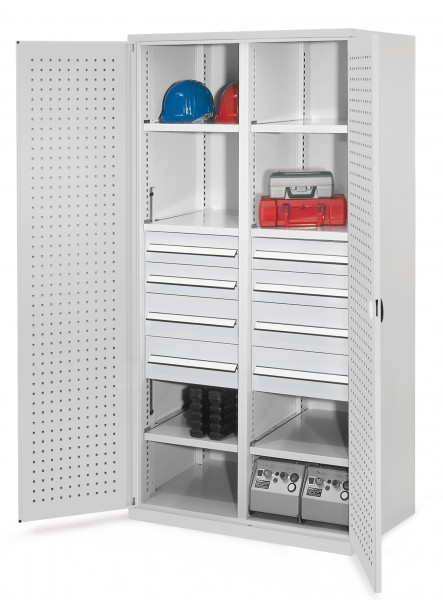 Schwerlastschrank mit Mitteltrennwand 1950 x 1000 x 600 mm Mod 54 RAL 7035. Ausstattung: 4 Schubladen H 100 mm 4 Schubladen H 175 mm 3 Fachboden links verzinkt 3 Fachboden rechts verzinkt.