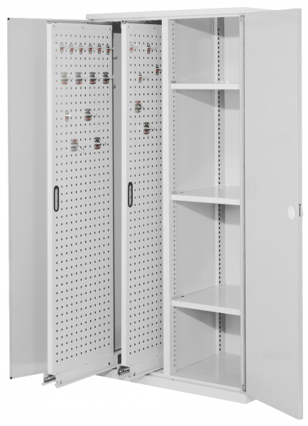 ®RasterPlan Vertikalschrank Modell 80 1950 x 1000 x 600 mm RAL 7035. Doppelwandtür 2 Auszüge Lochplatten 3 Böden.