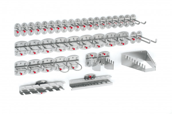 ®RasterPlan Werkzeughalter-Sortiment 40-teilig Alufarben 9 Werkzeughalter schräges Hakenende, 12 Werkzeughalter senkrechtes Hakenende, 9 Doppelte Werkzeughalter senkrechtes Hakenende, 3 Zangenhalter 2 Maschinenhalter, 1 Schraubenschlüsselhalter, 1 Schraub