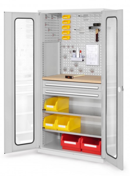 ®RasterPlan Schubladenschrank Modell 34 RAL 7035. Sichtfenstertür. 1950 x 1000 x 600 mm 2 Schubladen H 100 mm 2 Fachboden verzinkt 1 Werkbankplatte Multiplex.