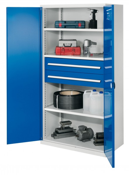 Schwerlastschrank ohne Mitteltrennwand 1950 x 1000 x 600 mm Mod 42 RAL 7035/5010. Doppelwandtür 3 Fachböden verzinkt 2 Schubladen 175 mm.