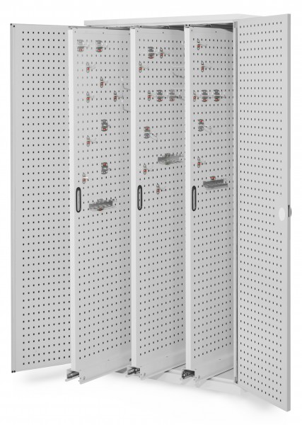 ®RasterPlan Vertikalschrank Modell 85 1950 x 1000 x 600 mm RAL 7035. Türinnenseite:n ®RasterPlan Lochplatten. 3 Auszüge Lochplatten.