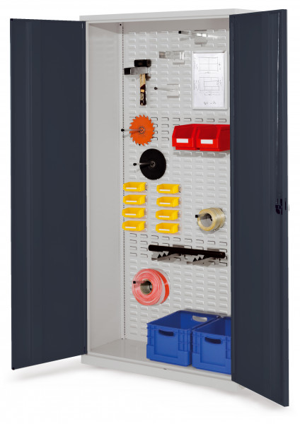 RasterPlan Werkstückschrank mit Schlitzplattenrückwand RAL 7035/7016. Vollblechtür, H 1950 x B 1000 x T 410 mm.