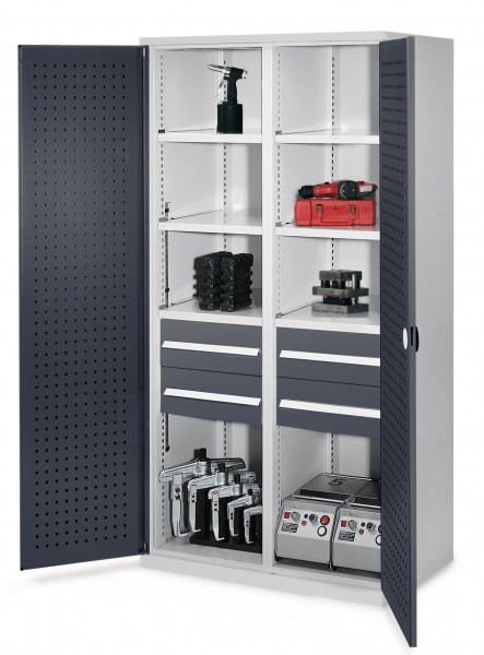 Schwerlastschrank mit Mitteltrennwand 1950 x 1000 x 600 mm Mod 52 RAL7035/7016. Türinnenseite: ®RasterPlan Lochplatten 4 Schubladen H 175 mm 3 Fachboden links verzinkt 3 Fachboden rechts verzinkt.