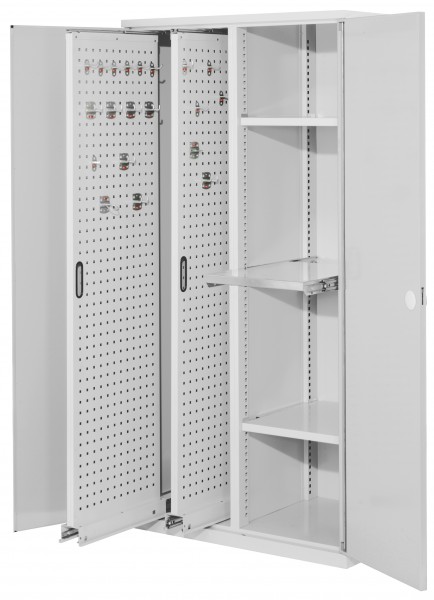 ®RasterPlan Vertikalschrank Modell 84 1950 x 1000 x 600 mm RAL 7035. Doppelwandtür. 2 Auszüge Lochplatten 2 Böden 1 Auszugsboden.