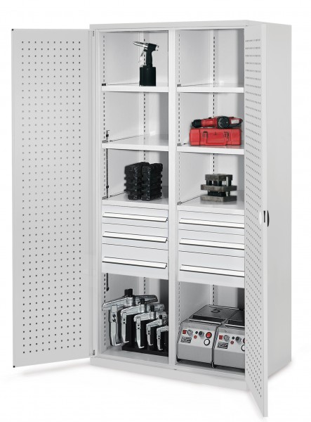 Schwerlastschrank mit Mitteltrennwand 1950 x 1000 x 600 mm Mod 55 RAL 7035. Türinnenseite: ®RasterPlan Lochplatte 2 Schubladen H 100 mm 2 Schubladen H 125 mm 2 Schubladen H 175 mm 3 Fachböden links verzinkt 3 Fachböden rechts verzinkt.
