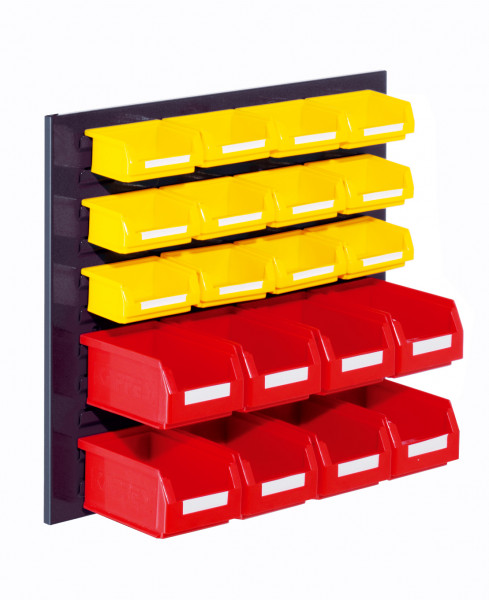®RasterPlan Schlitzplatten Einsteigerset 4 RAL 7016. 1 x Schlitzplatte H 450 x B 500 mm 8 x Lagersichtkästen Größe 7 12 x Lagersichtkästen Größe 8.