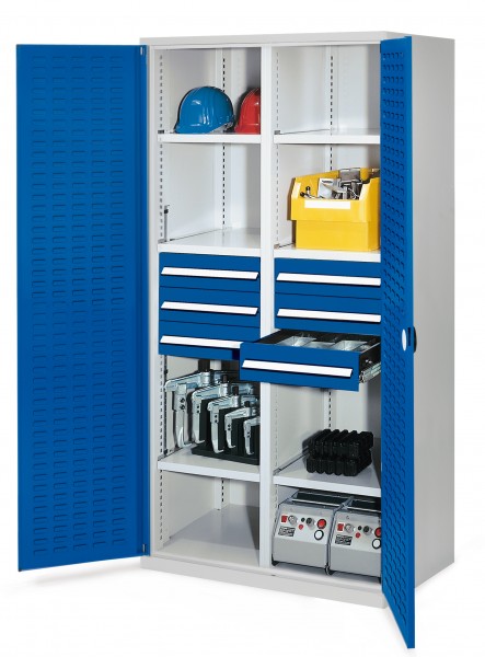 Schwerlastschrank mit Mitteltrennwand 1950 x 1000 x 600 mm Mod 53 RAL7035/5010. Türinnenseite: ®RasterPlan Schlitzplatten 6 Schubladen H 125 mm 3 Fachboden links verzinkt 3 Fachboden rechts verzinkt.