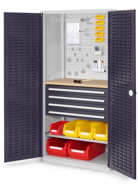 ®RasterPlan Schubladenschrank Modell 26 RAL 7035/7016. Türinnenseite: Schlitzplatten 1950 x 1000 x 600 mm mm 4 Schubladen H 100 mm mm 1 Fachböden verzinkt 1 Werkbankplatte Multiplex.
