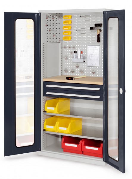 ®RasterPlan Schubladenschrank Modell 34 RAL 7035/7016. Sichtfenstertüren 1950 x 1000 x 600 mm mm 2 Schubladen H 100 mm mm 2 Fachböden verzinkt 1 Werkbankplatte Multiplex.
