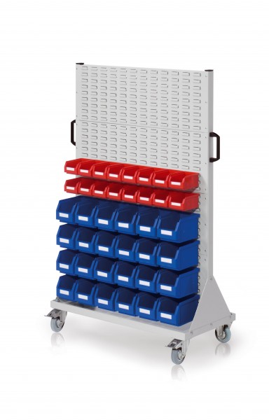 RasterMobil Rollwagen Gr. 4 E84 H1580 x B1000 x T500 mm RAL 7035 4 Schlitzplatten inklusiv Lagersichtkasten 24 x Größe 6 16 x Größe 7.