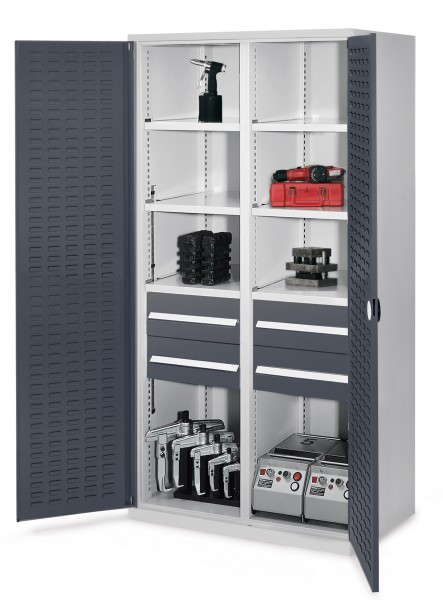 Schwerlastschrank mit Mitteltrennwand 1950 x 1000 x 600 mm Mod 52 RAL7035/7016. Türinnenseite: ®RasterPlan Schlitzplatten 4 Schubladen H 175 mm 3 Fachboden links verzinkt 3 Fachboden rechts verzinkt.
