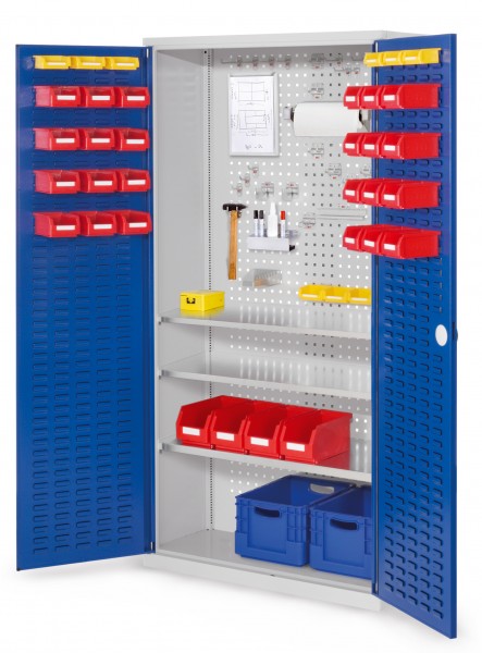 ®RasterPlan Werkzeugschrank Mod 6 410 H1950 x B1000 x T410 mm RAL 7035/5010. Türinnenseite: ®RasterPlan Schlitzplatte 3 Fachböden.