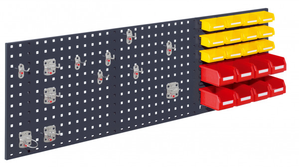 ®RasterPlan Kombiplatte Set 3 RAL 7016. 1 x Kombiplatte H 450 x B 1500 mm 8 x Lagersichtkästen Größe 7 12 x Lagersichtkästen Größe 8 1 x Werkzeughaltersortiment 12-teilig.