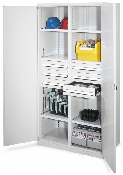 Schwerlastschrank mit Mitteltrennwand 1950 x 1000 x 600 mm Mod 53 RAL 7035. Doppelwandtür 6 Schubladen H 125 mm 3 Fachboden links verzinkt 3 Fachboden rechts verzinkt.