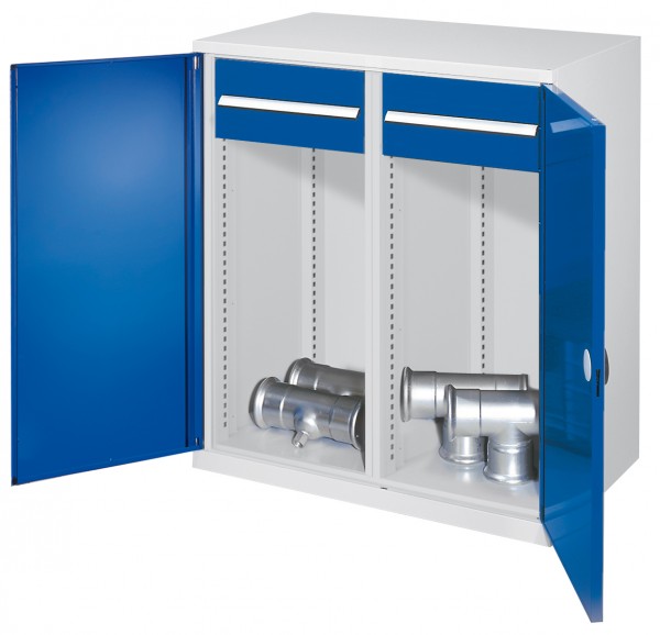 Schwerlast-Beistellschrank Modell 75 1110 x 1000 x 600 mm RAL 7035/5010. Mit Mitteltrennwand Doppelwandtüren 2 Schubladen 175 mm