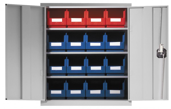 Ordnungsschrank mit Türen Modell 12 780 x 690 x 285 mm RAL 7035. Bestückt mit Lagersichtkasten 16 x Größe 6.