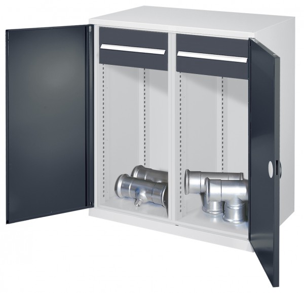 Schwerlast-Beistellschrank Modell 75 1110 x 1000 x 600 mm RAL 7035/7016. Mit Mitteltrennwand Doppelwandtüren 2 Schubladen 175 mm