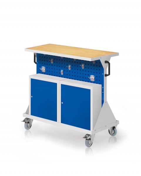 RasterMobil Gr. 2 RAL 7035/5010 H 930 x B 1000 x T 500 mm. 1 x Auflageboden aus Stahlblech inkl. 30 mm starker Multiplex-Werkbankplatte 1 x Werkzeughaltersort. 10-teilig 2 x Einhängeschränke.
