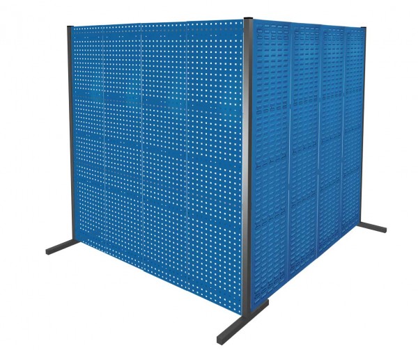 ®RasterPlan Trennwand Doppelfeld 90° 2000 / 2000 mm H2000 mm RAL 5010. Mit 4 ®RasterPlan Lochplatten 4 ®RasterPlan Schlitzplatten.