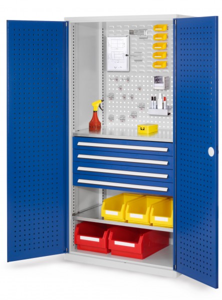 ®RasterPlan Schubladenschrank Modell 13 RAL 7035/5010. Türinnenseite: Lochplatten 1950 x 1000 x 600 mm 4 Schubladen H 100 mm 2 Fachböden verzinkt.