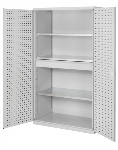 ®RasterPlan Großvolumenschrank 1950 x 1130 x 590 mm RAL 7035. Türinnenseite: ®RasterPlan Lochplatten 1 Schublade 3 Böden.