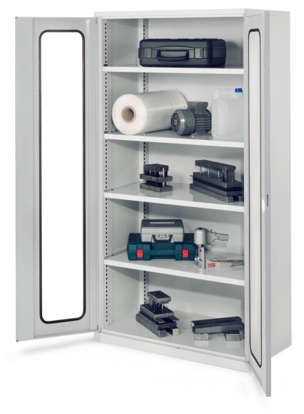 Schwerlastschrank ohne Mitteltrennwand 1950 x 1000 x 600 mm Mod 41 RAL 7035. Sichtfenstertür 4 Fachböden verzinkt.