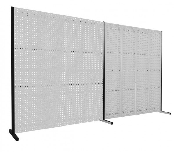 ®RasterPlan Trennwand Doppelfeld 180° 2000 / 2000 mm H2000 mm RAL 7035. Mit 4 ®RasterPlan Lochplatten 4 ®RasterPlan Schlitzplatten.