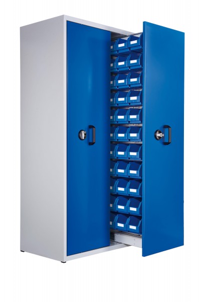 ®RasterPlan Zugwagenschrank Mod 5 2000 x 1100 x 600 mm 7035/5010. 2 Auszüge 1 Auszug einseitig bestückt mit Lagersichtkasten 33 x Größe 6.