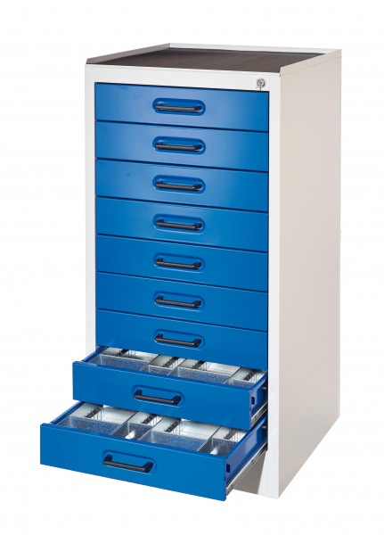 RasterPlan Arbeitsplatzschrank Modell 3, 9 Schubladen RAL 7035/5010.
