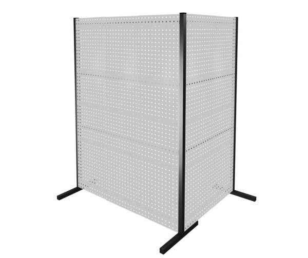 ®RasterPlan Trennwand Doppelfeld 90° L1000 / 1500 mm H2000 mm RAL 7035. Mit 5 ®RasterPlan Lochplatten.