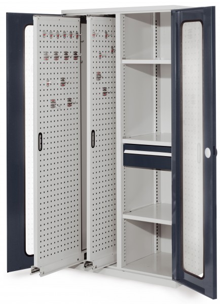 ®RasterPlan Vertikalschrank Modell 82 1950 x 1000 x 600 mm RAL 7035/7016. Sichtfenstertür. 2 Auszüge Lochplatten 3 Böden 1 Schubladen 175 mm.
