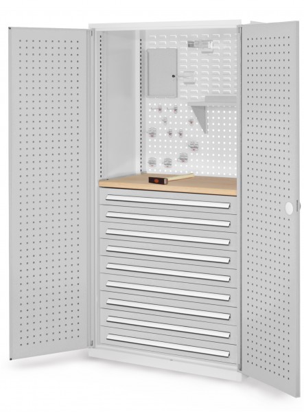 ®RasterPlan Schubladenschrank Modell 17 RAL 7035. Türinnenseite: Lochplatten 1950 x 1000 x 600 mm 9 Schubladen H 100 mm 1 Werkbankplatte Multiplex.